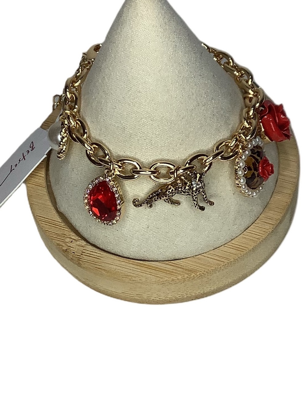 Betsey Johnson Leopard & Red Rose Multi Charm Bracelet New - Picture 4 of 5